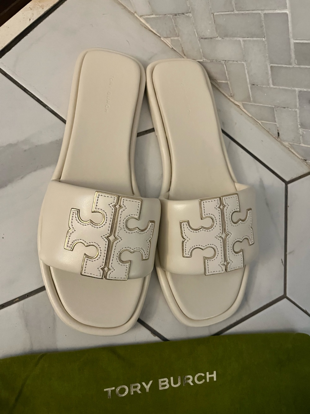 Tory Burch Ivory Logo Slide Sandals - Picture 2 of 9
